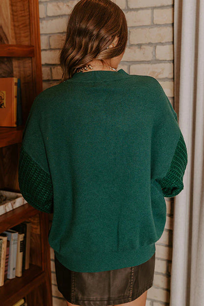 Skobeloff Cable Knit Textured Patchwork Sleeve Slouchy Sweater