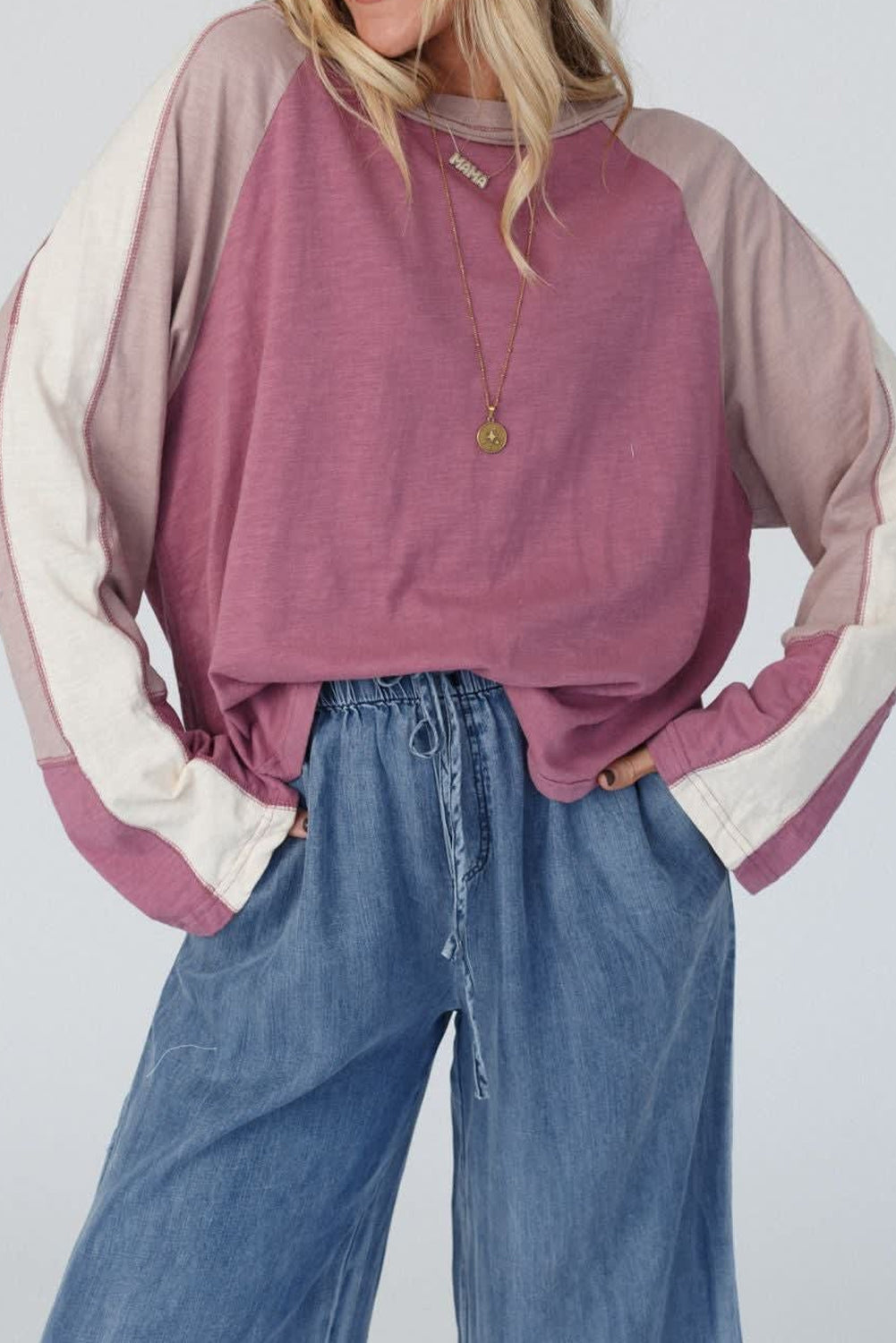 Heather Color Block Stitched Raglan Sleeve Loose Top