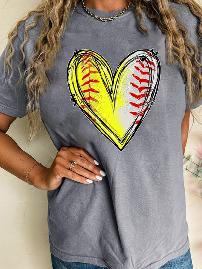 Baseball Heart Print Gray Crew Neck Tee