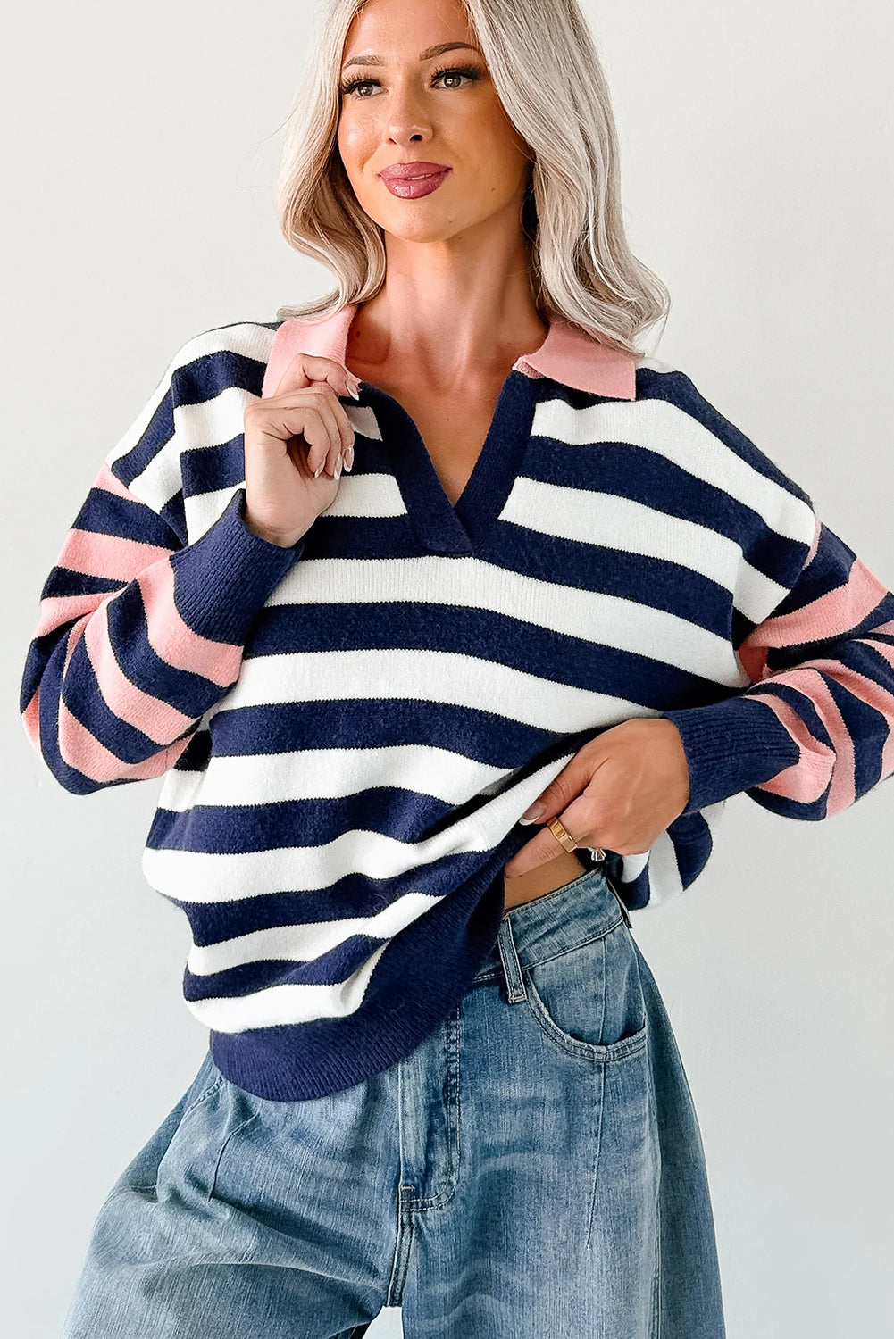 Blue Stripe Drop Shoulder Color Block Sleeve Polo Collar Knit Sweater