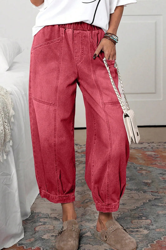 Mineral Red Vintage Washed Elastic Waist Pull On Ankle-length Barrel Jeans