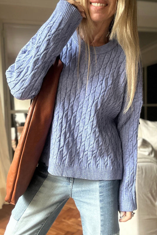 Orchid Petal Drop Shoulder Cable Knit Round Neck Sweater