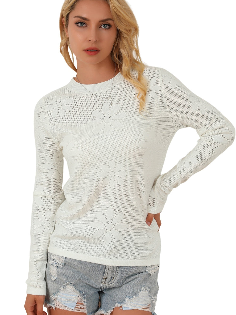 Elegant Floral Knit Long Sleeve Sweater