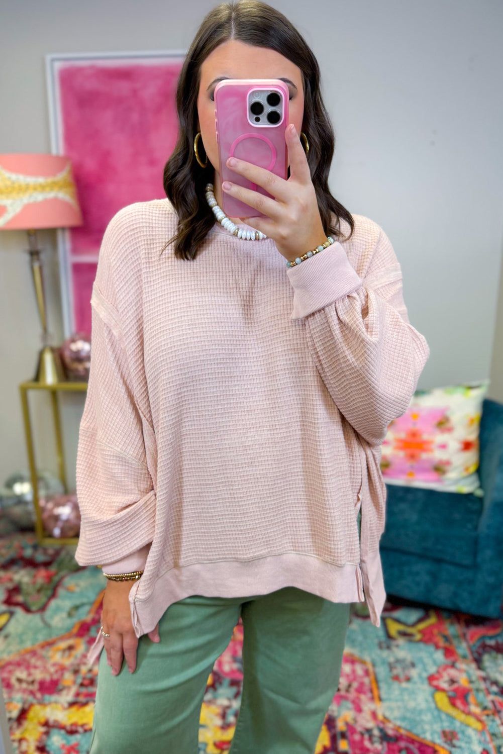 Light Pink Waffle Drop Shoulder Side Slit Plus Size Jumper
