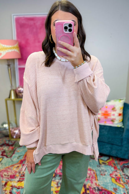 Light Pink Waffle Drop Shoulder Side Slit Plus Size Jumper