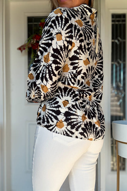 Black Abstract Floral Print Ruffle Hem Long Sleeve Shirt
