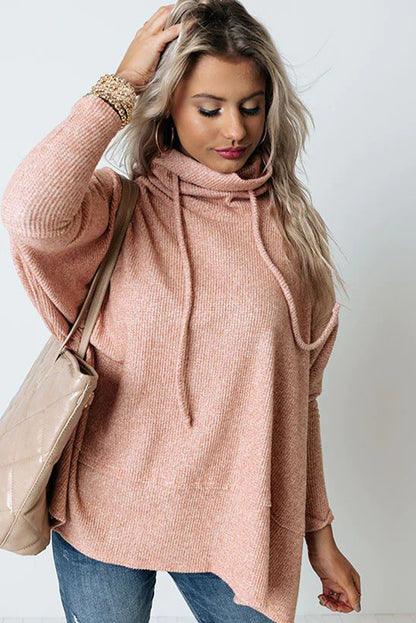 Apricot Pink Textured Knit Drawstring Cowl Neck Oversize Top with Side Slits