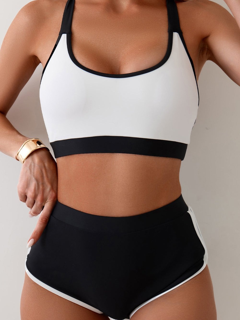 Athletic White Colorblock Crisscross Back High-Waisted Bikini