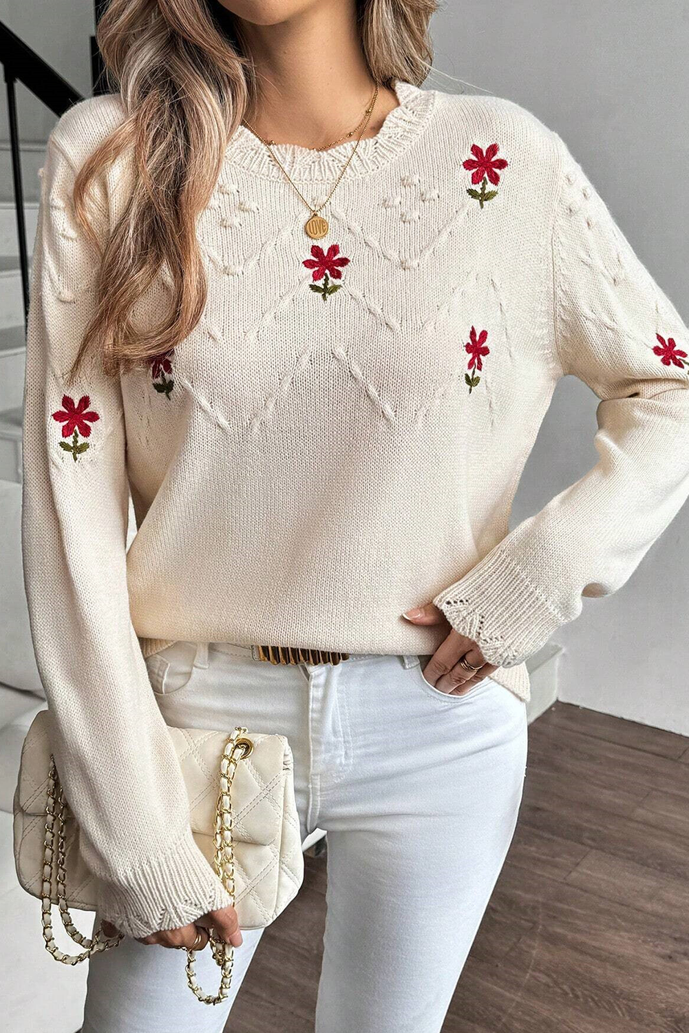 Beige Floral Embroidered Textured Detail Pullover Sweater