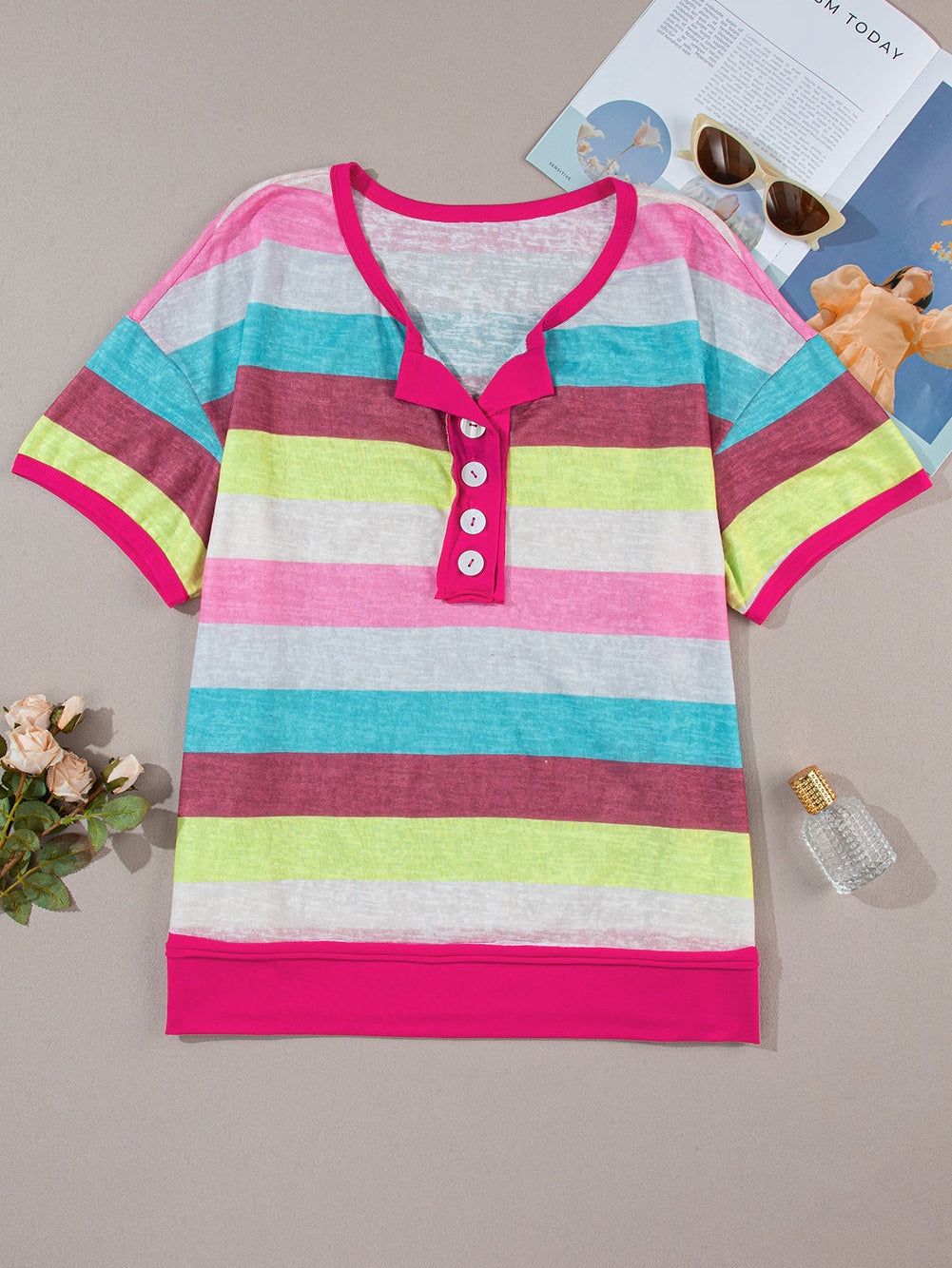 Rose Stripe Plus Size Textured Knit Short Sleeve Henley Top