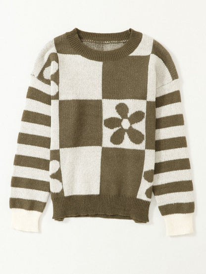 Green Checkered Floral and Striped Sleeve Sweater with Round Neck