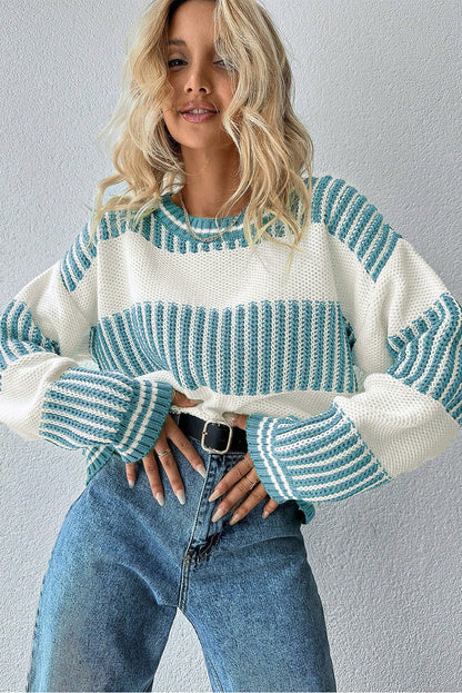 Light Blue Two Tone Striped Patchwork Drop Shoulder Loose Sweater