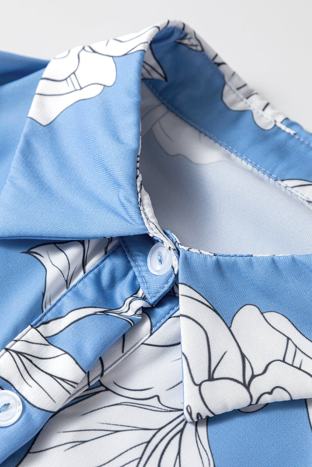 Sky Blue Floral Print Shirt Collar Button Down 3/4 Sleeve Ruffle Hem Long Dress