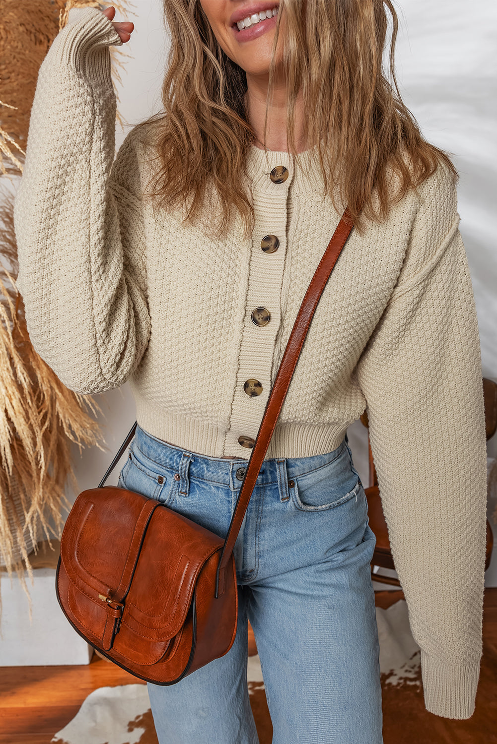 Beige Button Front Cropped Cardigan Sweater