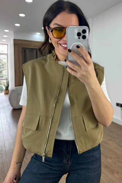 Guacamole Green Mock Pockets Zipped Front Cargo Style Casual Vest