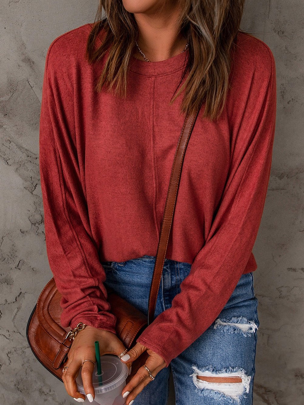 Fiery Red Crew Neck Patchwork Long Sleeve Casual Top
