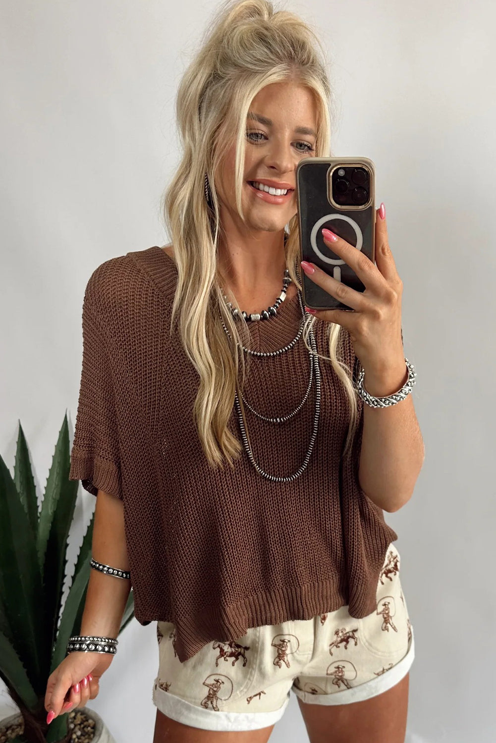 Coffee V Neck Half Sleeve Loose Sweater