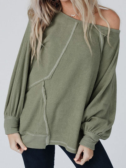 Green Exposed Stitch Detail Dolman Sleeve Patchwork Blouse