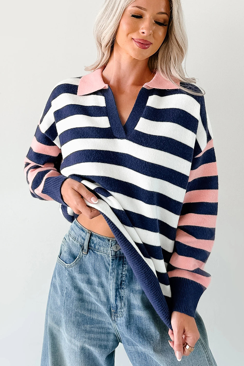 Blue Stripe Drop Shoulder Color Block Sleeve Polo Collar Knit Sweater