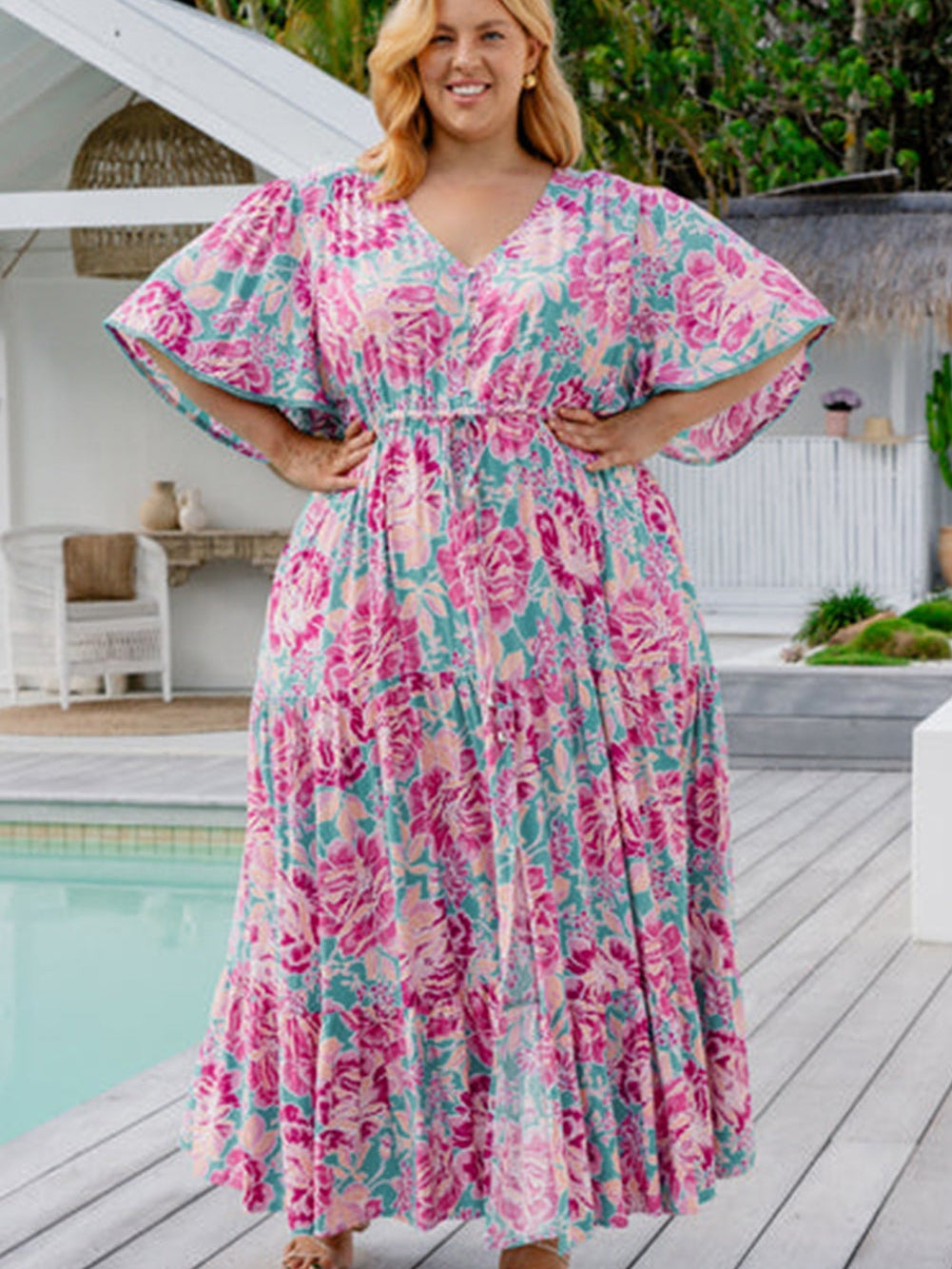 Elegant Purple Floral V Neck A-Line Maxi Dress with Ruffle Detail