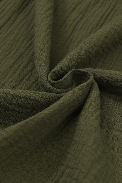 Green Textured V Neck Bracelet Sleeve Babydoll Blouse with Puff Sleeves