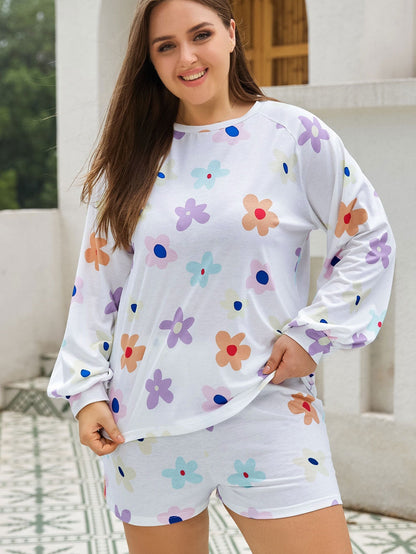 Floral Print Plus Size White Raglan Pullover and Shorts Set