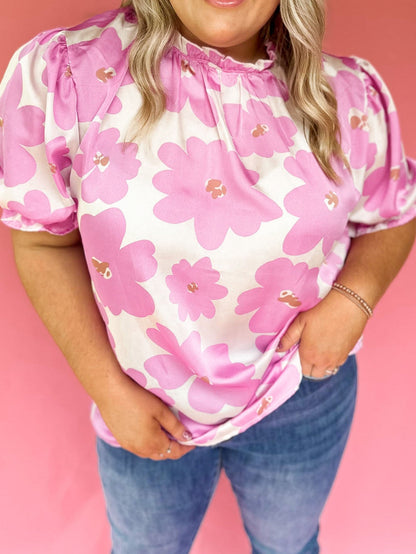 Purple Floral Ruffled Mock Neck Puff Sleeve Plus Size Blouse