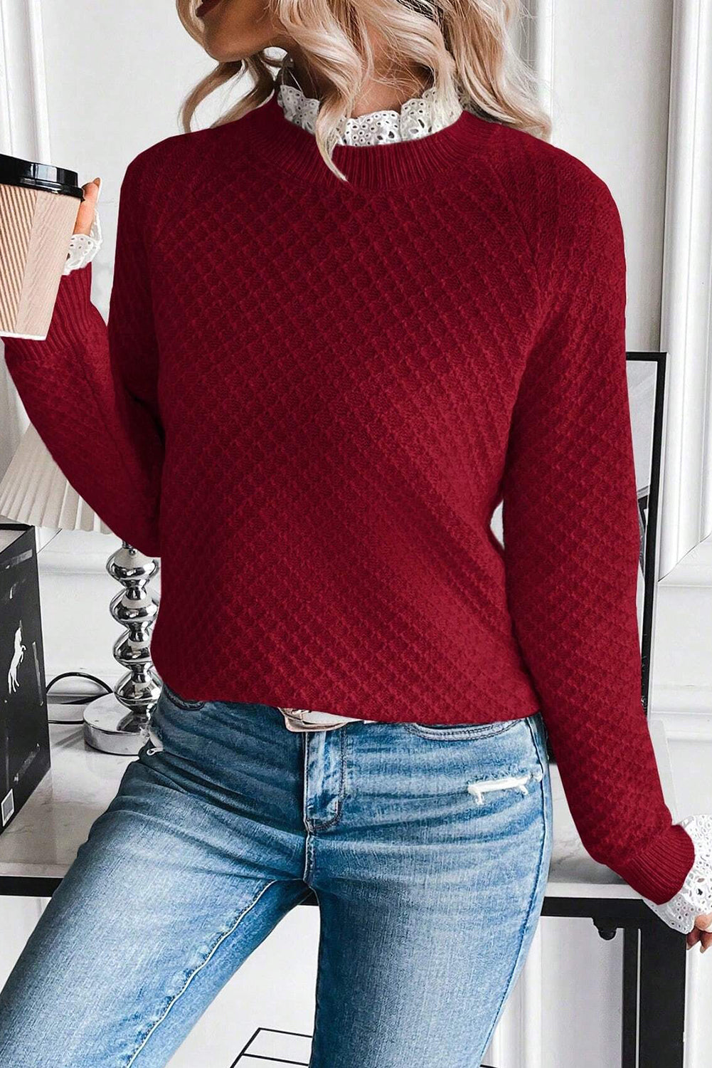 Burgundy  Contrast Lace Frilled Trim Raglan Sleeve Sweater