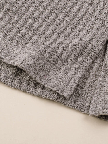 Simply Taupe Waffle Knit Drop Shoulder Button V Neck Plus Size Top