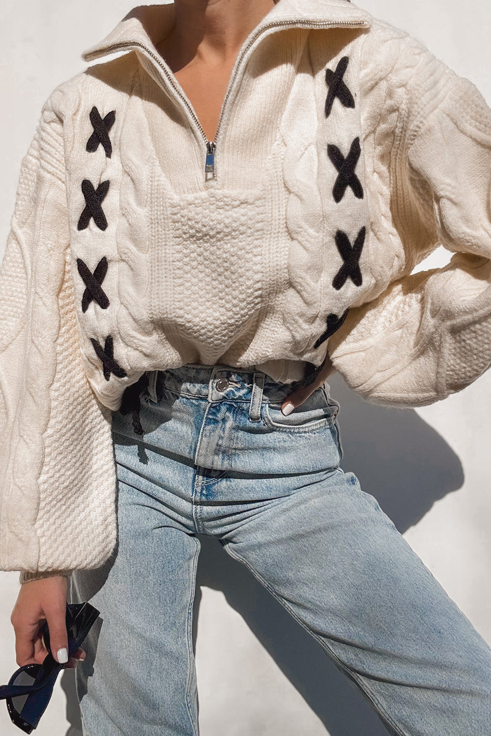 Jet Stream Cable Knit Contrast Detail Half Zip Baggy Sweater