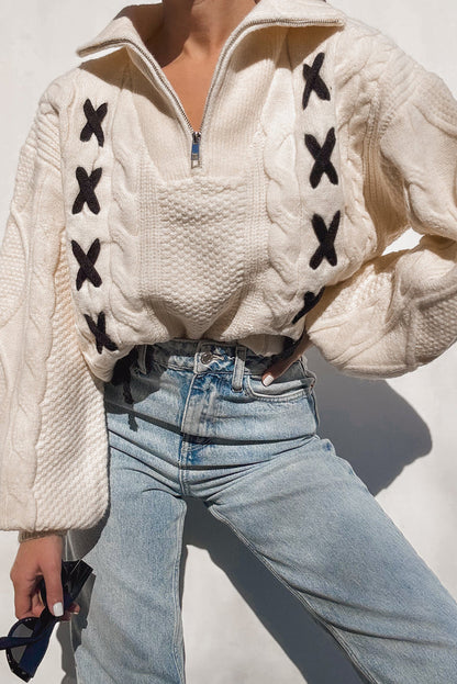 Jet Stream Cable Knit Contrast Detail Half Zip Baggy Sweater