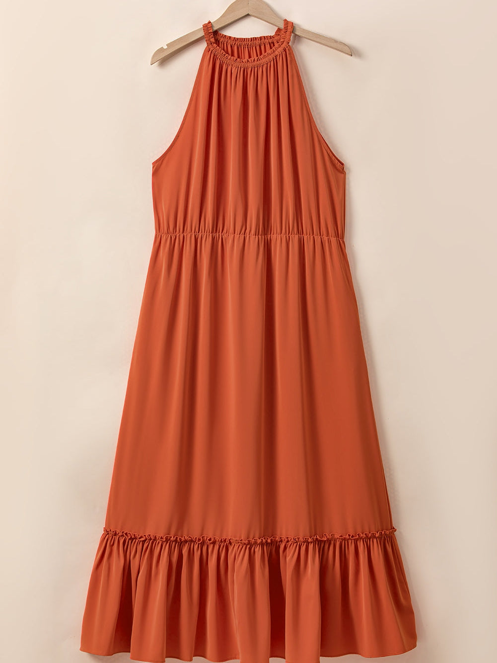 Russet Orange Plus Size Ruffled Hem Sleeveless Long Dress