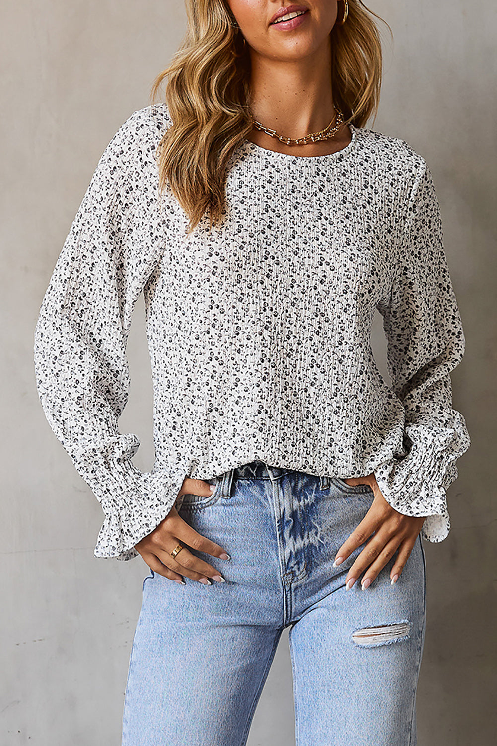 Floral Print Bubble Sleeve Black Blouse with Crinkle Texture