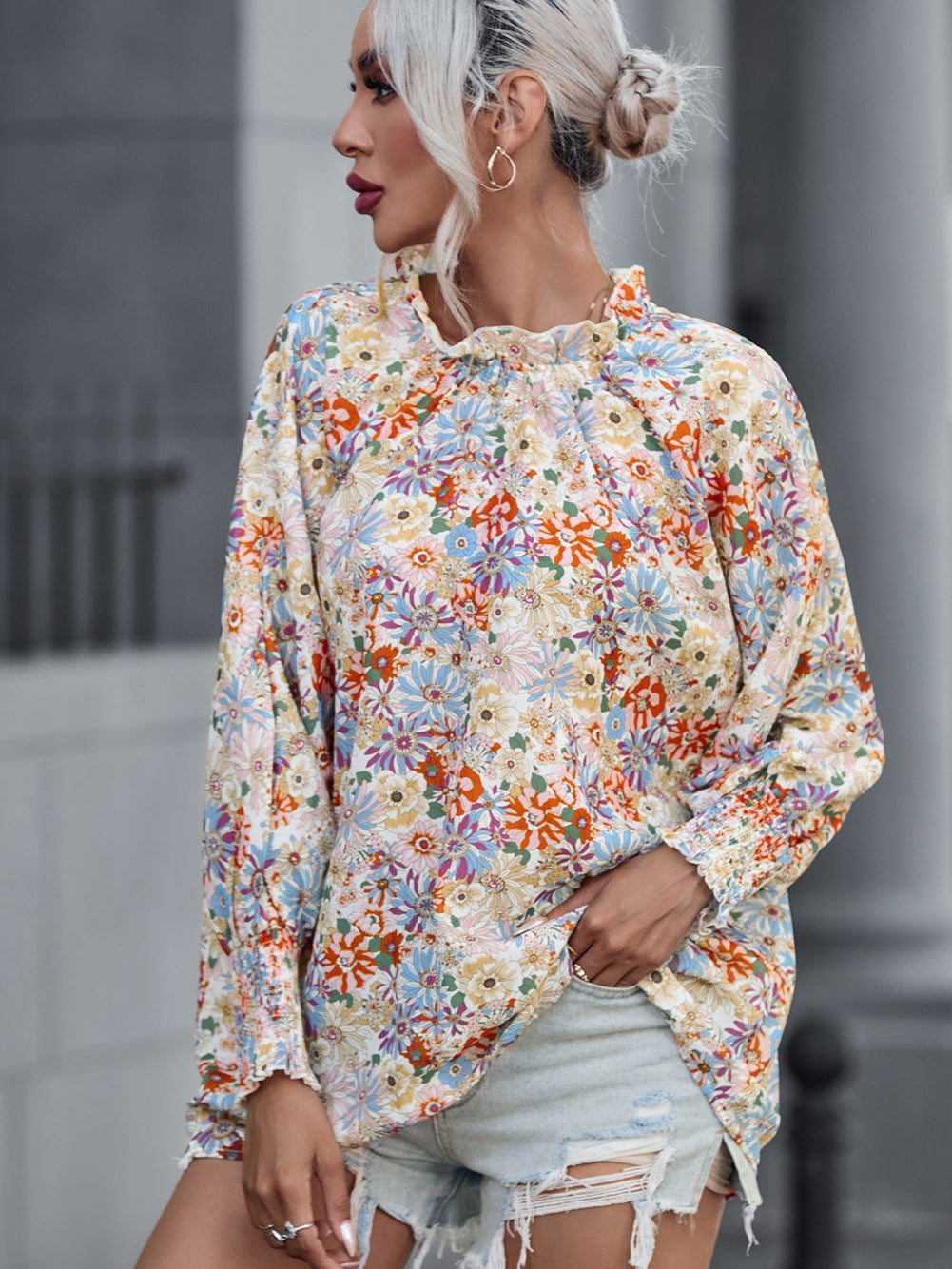 Floral Charm Multicolor Bubble Sleeve Blouse