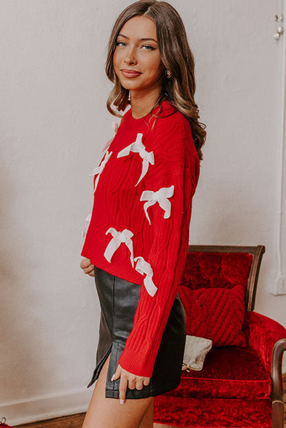 Fiery Red Round Neck Cable Knit Contrast Bow Decor Cropped Sweater