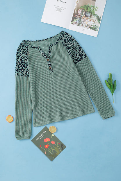 Green Leopard Waffle Knit V-Neck Blouse with Button Details