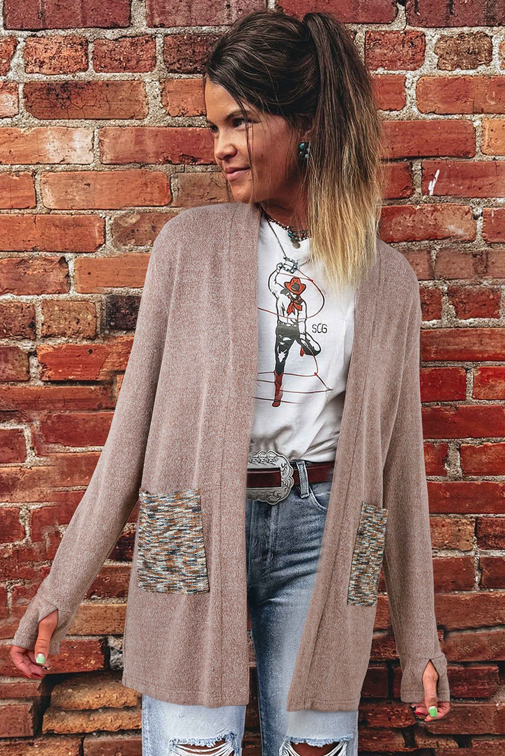 Dark Khaki Open Front Knit Contrast Patched Pocket Duster Cardigan