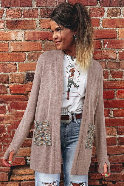 Dark Khaki Open Front Knit Contrast Patched Pocket Duster Cardigan