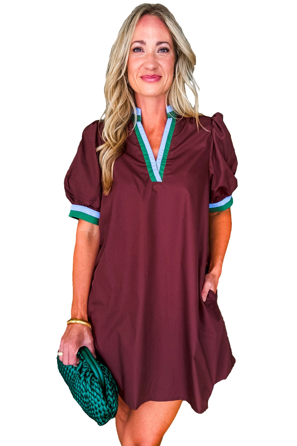 Burgundy Contrast Striped Notched V Neck Puff Sleeve Mini Dress