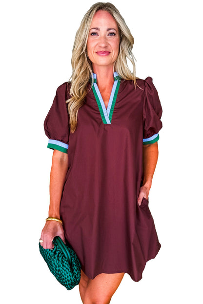 Burgundy Contrast Striped Notched V Neck Puff Sleeve Mini Dress