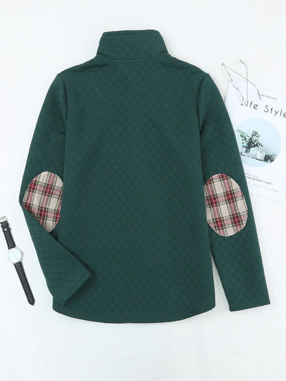 Green Plaid Trim Sweatshirt with Geometric Texture