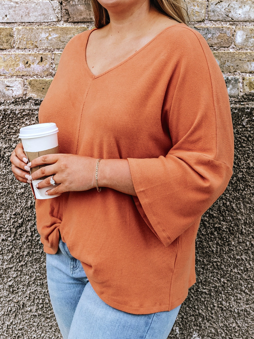 Gold Flame Plus Size Twist Hem Bracelet Sleeve Ribbed Top