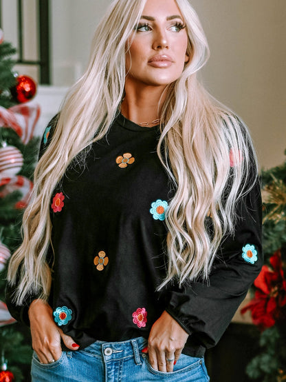 Elegant Black Floral Embroidered Blouse with Puff Sleeves