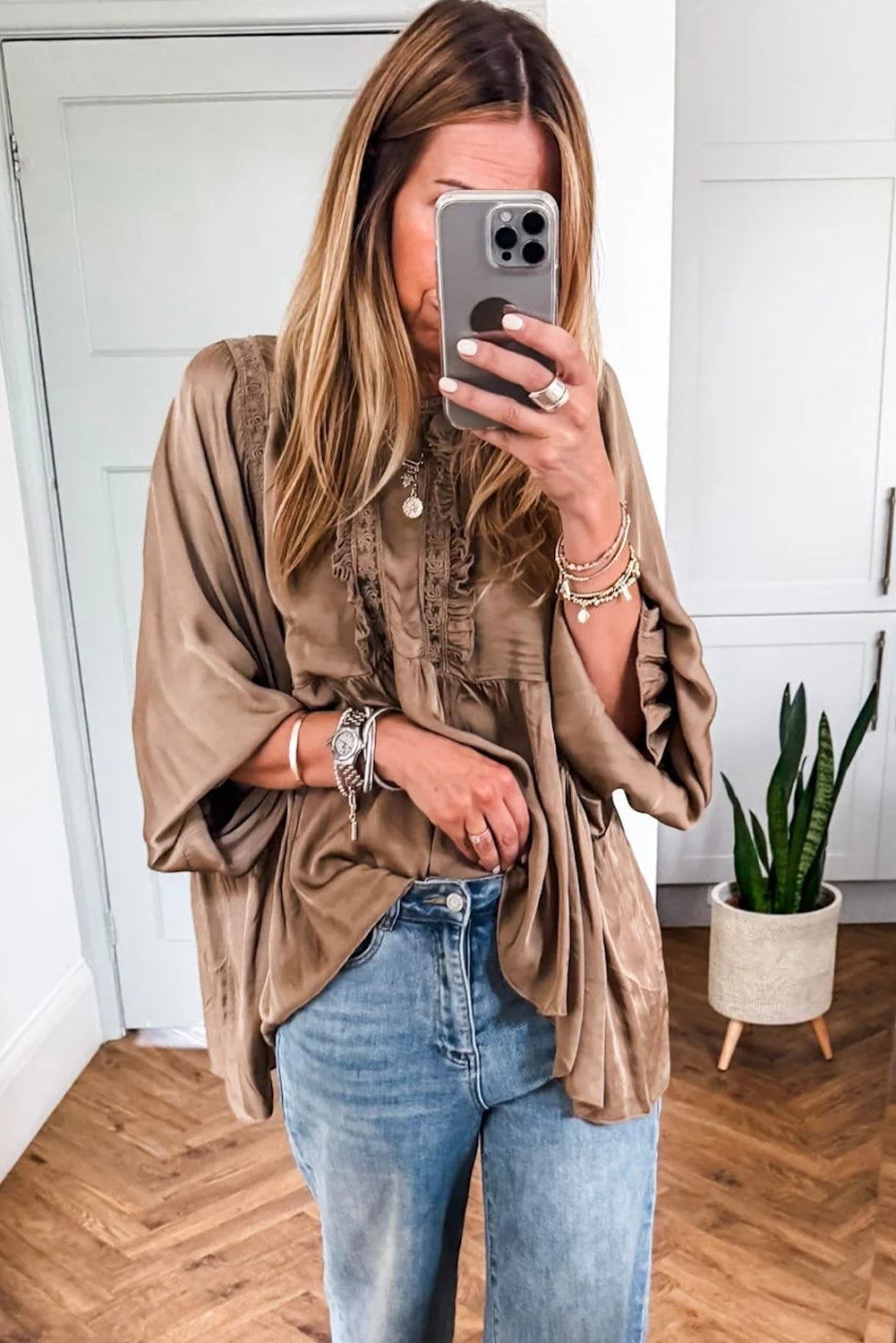 Dark Khaki Silky Round Neck Lace Frilled Detail Long Sleeve Blouse