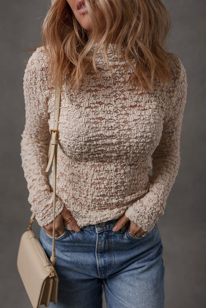 Jet Stream Lace Textured Mock Neck Long Sleeve Slim Top