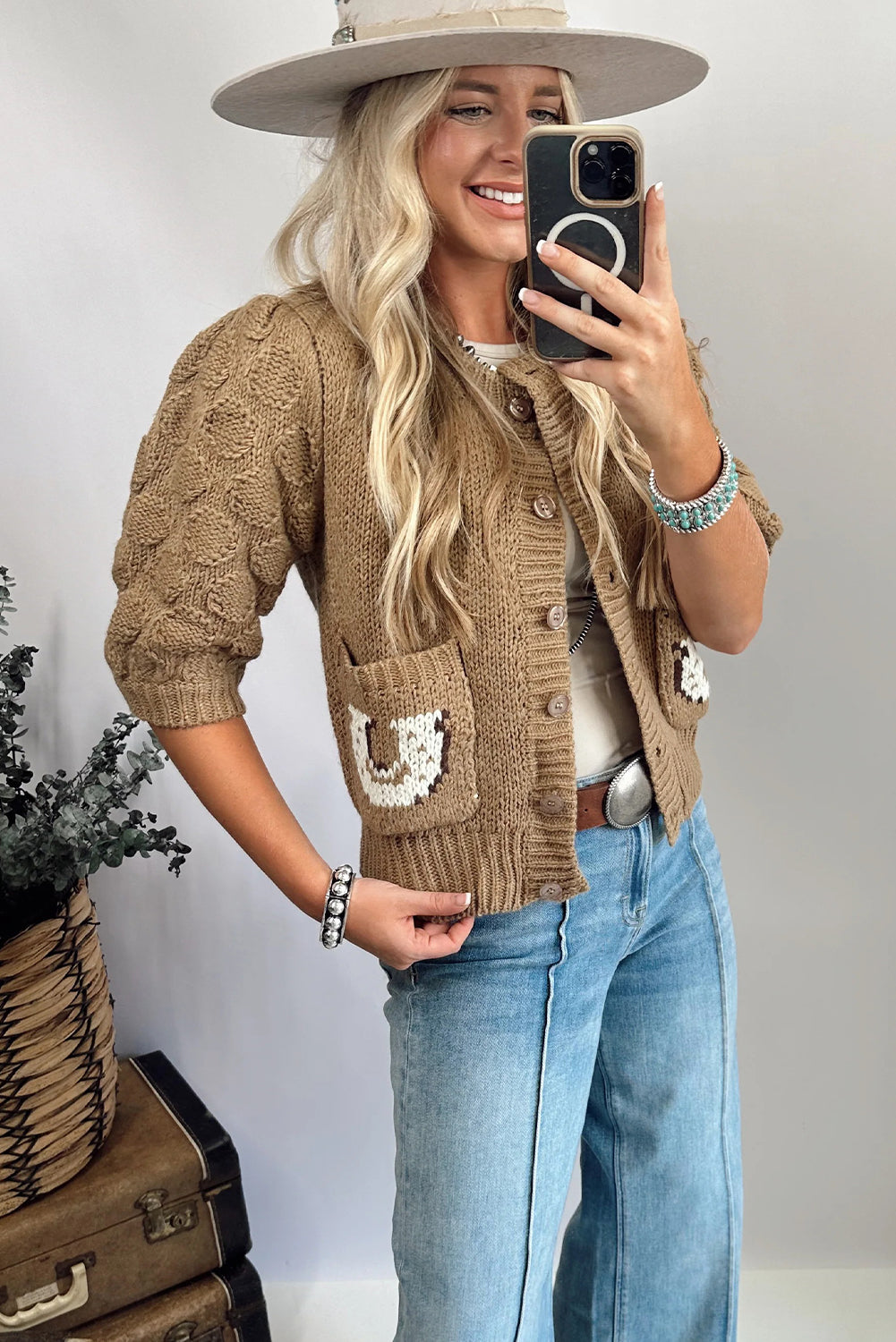 Elmwood Textured Knit Puff Sleeve Western Horse Print Pocketed Sweater Cardigan