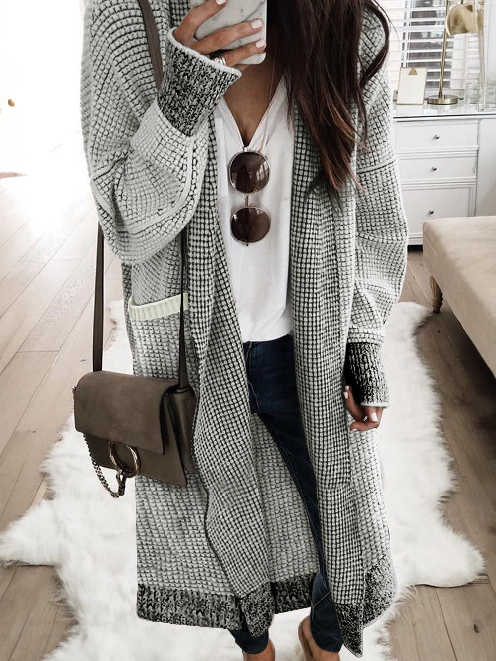 Gray Knit Textured Longline Cardigan with Pockets