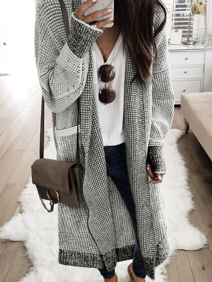 Gray Knit Textured Longline Cardigan with Pockets