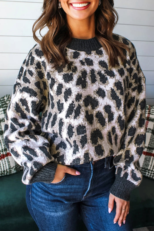 Carbon Grey Leopard Drop Shoulder Baggy Sweater