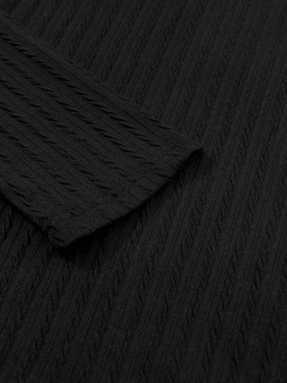 Elegant Black Ribbed Round Neck Long Sleeve Top